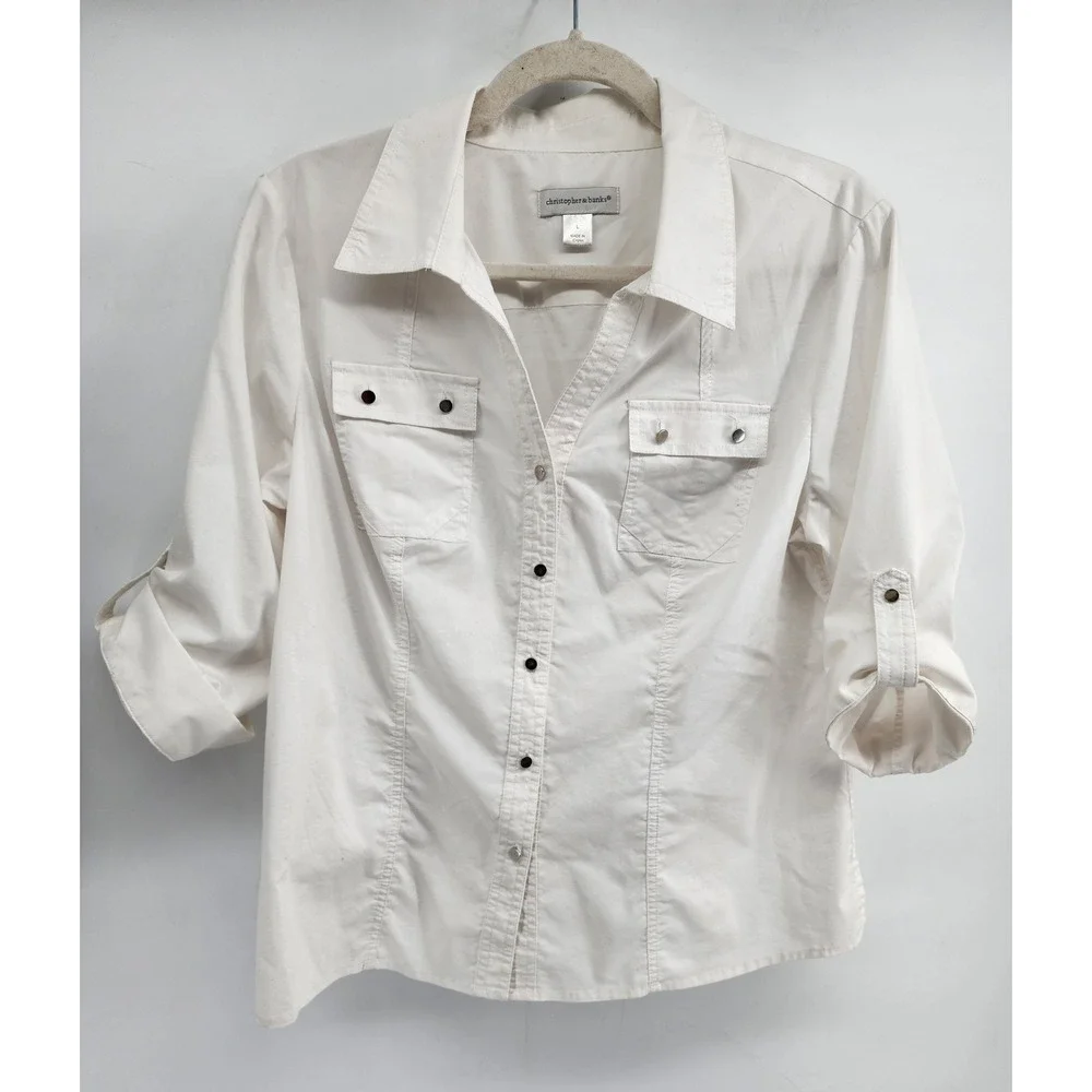 Christopher & Banks White Roll Tab Sleeve Button Up Utility Shirt Top Large